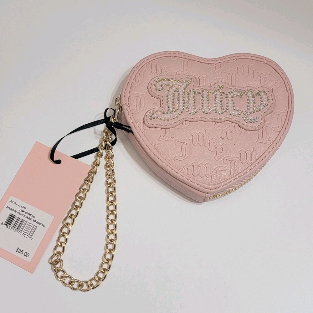 Juicy Couture Heart Zip Around Wristlet Gold Chain Wallet Pink Pearl Rhinestones